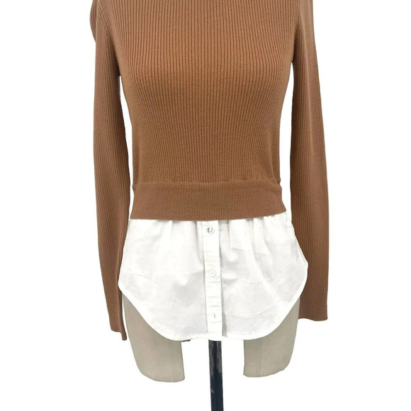 Veronica Beard Rocha Poplin-paneled Merino Wool Sweater‎ In Camel Size XS - Picture 6 of 9